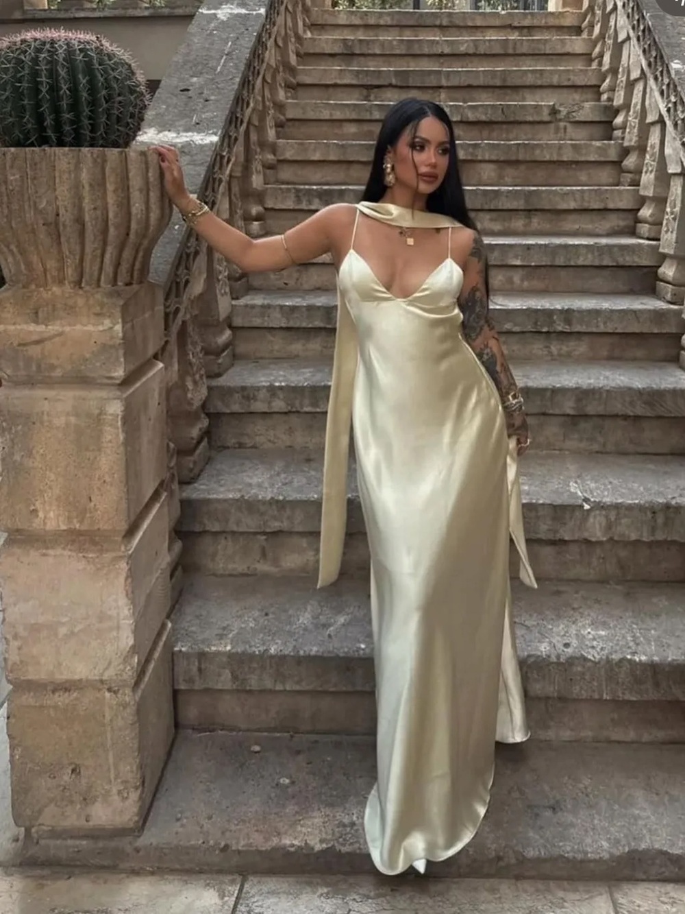 Zara Ivory Satin Slip Maxi Dress with Scarf Detail
